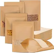 [ARTHOM] 100pcs Reusable Kraft Paper Food Storage Bags Stand Up Pouches With Matte Window, Seal Packing Bags for Food, Tea, Candy, Snack Storage 12x20cm