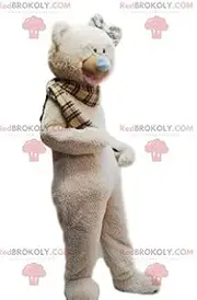 Soft beige bear REDBROKOLY Mascot and checkered scarf