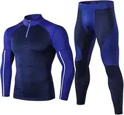 [Abigprofit] Men Winter High Collar Thermal Underwear Long Johns Shirt Leggings Warm Sport Compression Underwear 91504 91312 Navy XL