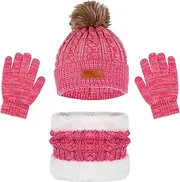 [YSHIGUING] Winter Hats Gloves and Scarf Sets for Kids, Thermal Knit Crochet Thick Fluffy Toddler Cap Pom Bobble Neck Warmer Girls Hat Scarf and Gloves Set for Children Outdoor Sports