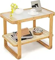 Giantex 2-Tier Bamboo Side Table w/Glass Top, End Table w/PE Rattan Shelf, Home Sofa Side Table, Nightstand Bedside Table, Compact Coffee Table, Glass Top Accent Table for Bedroom Living Room