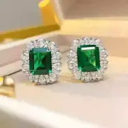 3.00Ct Emerald Cut Lab-Created Emerald Halo Stud Earrings 14K White Gold Plated