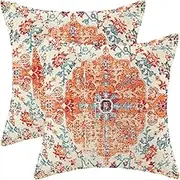 AEIOAE Boho Pillow Covers 18x18 Inch Set of 2,Carpet Pattern Throw Pillows Case,Orange Blue Ethnic Design Outdoor Decorative Square Linen Farmhouse Decor Cushion for Home Sofa Bed Couch,(ZHH122801)