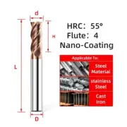 Tooleye HRC55 CNC Carbide End Mills 4 Flutes Machine Cutter Tools for Metal 3 5