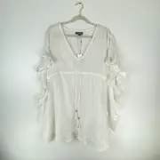 PRIMARK Women Large Short Sleeve BOHO Swimwear Cover Blouse Ruffle Sleeves White