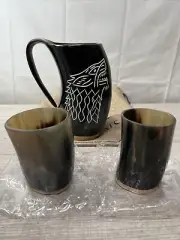 Viking Craft Game of Thrones Wolf Carved Viking Drinking Cup + 2 Horn Shot Cups