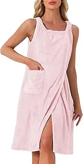 [cheibear] Womens Shower Wrap Bath Towel Robe Strap Wearable Button Sleeveless Dress with Snaps Pockets Spa Pink Large