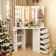 Giantex Corner Vanity Desk with Lighted Mirror, Makeup Vanity Table with Power Outlets, 3-Color Adjustable LED Lights, 5 Drawers & Storage Shelves, Modern Dressing Table for Bedroom, White