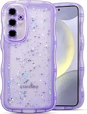 QLTYPRI Compatible with Samsung Galaxy S24 FE Case,Cute Curly Wave Frame Clear Glitter Case for Girls Women, Sparkle Bling Soft TPU Bumper Transparent Shockproof Phone Cover for Galaxy S24 FE-Purple
