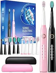 2 Pack Electric Toothbrush Adults with 40000VPM 5 Modes 12 Brush Heads 2 Travel Cases, Rechargeable Toothbrush 4 Hours Charge Minimum 30 Days -Black & Pink