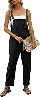 [Vanchenl] Women's Casual Loose Cotton Linen Overalls Summer Baggy Adjustable Jumpsuits Rompers Harem Pants, Black, XXL