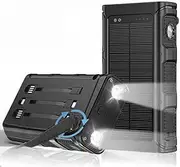 63800mAh Solar Power Bank Large Capacity Fast Charging Portable Battery Pack with USB/Type-c/Micro Dual LED Flashlights Solar Panel Built in 3 Cables Charger for Outdoor Camping Survival-Black