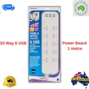Power Board 10 Way 6 High-Speed USB Ports 1 Metre Surge Protection Safe Electric