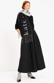 Kate Spade New York logo wool blend fringe scarf in Black/Cream at Nordstrom One Size