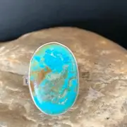 Blue Kingman Turquoise Navajo Sterling Silver Ring Size 8 Adjustable 12795