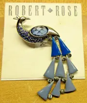 NEW Vtg ROBERT ROSE big BIRD silver tone blu clear rhinestone PEACOCK Brooch Pin
