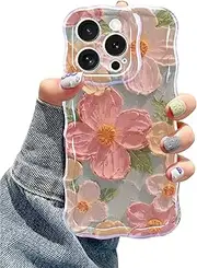 Jusy Case for iPhone 14 Pro, Colorful Retro Oil Painting Printed Flower Laser Blue Glossy Pattern Cute Curly Wave Phone Case Soft TPU Cover for Girly Women - 2022 Green
