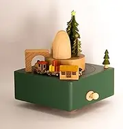 Woodylands Music Box. Christmas Santa's Train (Green). 11cm x 11cm x 12cm Tall. Moving Trains Around The Mountain. Beechwood Material Comes in a Premium Gift Box