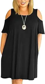 [Nemidor] Women's Cold Shoulder Plus Size Casual T-Shirt Swing Dress with Pockets (16W Black)