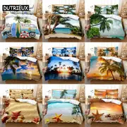 a2866 Bed Sheets HD Bedding Set Duvet Quilt Cover Pillow Case Bed Linen USA Double Bedroom Seaside Coconut Tree3-Piece Bedding Set (1 Duvet Cover