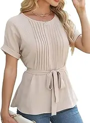 [AGYMNX] Women's Blouse Elegant Short Sleeve Tops Spring Summer Crew Neck Wrap Blouses Ruffle Tunic Shirt Casual T-Shirt, Almond, L/XL
