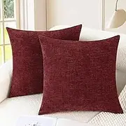Pack of 2 CaliTime Cozy Throw Pillow Covers Cases for Couch Sofa Home Decoration Solid Dyed Soft Chenille 18 X 18 Inches Burgundy