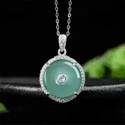 925 Silver Natural Ice Green Jadeite Round Harmony Gem Lucky Pendant Amulet