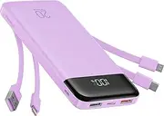 Charmast 20000mAh Power Bank 22.5W Built in 4 Cables, Slim USB C Portable Charger, LED Display Battery Pack with 5 Output and 4 Input,Compatible with iPhone, Samsung, Tablets and More(Purple)