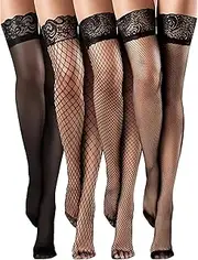 [Rapidbok] 4 Pairs Women's Fishnet Stockings, Non-Slip Nylon Long Elastic Stockings, Silicone Lace Thigh Stockings, Hold-Up, Sexy Fishnet Stockings, One Size - Black, black, 10