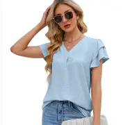 Nevenka Womens Ruffle Short Sleeve Chiffon Blouses V Neck Solid Color Casual Top-Blue