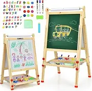 BABY JOY Kids Art Easel, Wooden Foldable Double-Sided Chalkboard Whiteboard w/Board Eraser, Paint Cups, Letter and Number, 3 Height Adjustable Standing Easel for Boys and Girls (Natural)