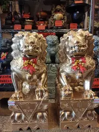 在飛比找Yahoo!奇摩拍賣優惠-大瑞古玩~正宗天然青斗石雕石獅子 38公分鎏金北京獅鎮守對獅