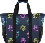 [sanluoli] Tote Collapsable Beach Tote Bag Water Resistant Canvas Laundry Bag Tote, Neon Colorful Cartoon Cute Dancing Bear, 1 size