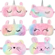 6 Pieces Plush Sleep Eye Masks, Faux Fur Rainbow Unicorn Sleep Mask Cute Funny Animal Mask Blindfold, Soft Eye Mask Sleeping Eye Shade for Girls Boys Adults Home Travel Office
