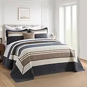 FineStichery Cotton King Bedspread 128"x120" - Oversized Quilt Set with Pillow Shams, Lightweight Dark Blue and Brown Striped Bed Spread Coverlet, Modern Quilted Reversible Bedding Cover