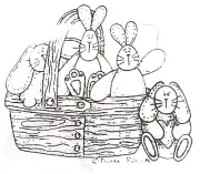 Easter Bunnies In Basket Stuffed Rabbits Whimsical Clear Stamp Sheet 4.5" x 4"