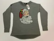 WOMENS S MODERN CANVAS LONG SLEEVE HI-LO HEM SANTA CHRISTMAS SHIRT, GRAY