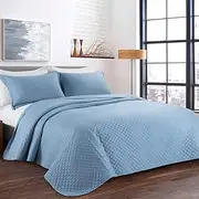 HOMBYS 3 Piece Oversized King Quilt Set Bedspread 128x120 Reversible Lightweight Coverlet Summer Blue Comforter Set (Super King Plus (128x120), Blue)