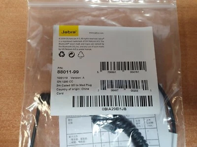*Brand New* Jabra GN1200 CC 7ft coiled QD to Mod Plug Cord Smart Coil 88011-99