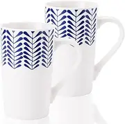YouPeng Large Coffee Mug Set, Ceramic Mugs with Big Handle, Tall Coffee Mug for Men or Women with Blue Hand-painted Pattern, Big Coffee Mugs 18oz Dishwasher&Microwave Safe, Set of 2, White