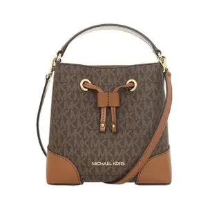 【Michael Kors】Mercer系列咖啡MK logo手提斜肩背兩用水桶包/小(35F2GM9M1B-BROWN/BLK)