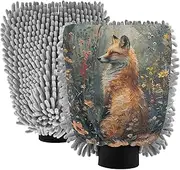 XYMZR Fox Sit Flowers Absorbent Microfiber Car Wash Mitt, Funny Cute Anime Scratch Free for Cars Cleaning, Home Cleaning Mitts, 2 Pack, 10.24” L x 7.09” W
