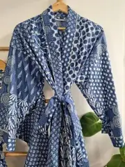 Indian Blue Patchwork Cotton Long Kimono Sleepwear Night Suit Kimono Robes AU