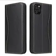For iPhone 12 Pro Max Case Black Genuine Cowhide Leather Wallet Cover
