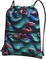 EdWal 3d Magical Dragon Scales Pattern Print Drawstring Backpack Gym Bags Sports Bags With Zipper Pocket For Travel Swimming Beach, Black, One Size