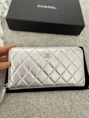 chanel classic long zipper wallet silver authentic