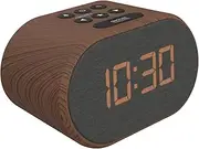 i-box Alarm Clocks Bedside, Radio Alarm Clock, Mains Powered or Battery, FM Radio, USB Charging Port, 5 Step Dimmable Display, Non Ticking, LED Display (Wood)
