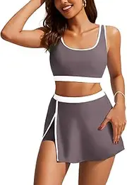 Hanna Nikole Women's High Waisted Bikini Sets Sporty Color Block 2 Piece Swimsuit Push Up Bathing Suit with Swim Skirts Swimwear