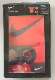 Nike Baby Hat, Bodysuit, Booties 3 Piece Gift Box Set Red Swoosh 6-12 M