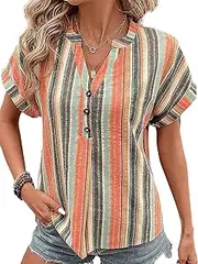 [Flamingals] Casual Short Sleeve Stripe Oversized Vintage Button Up Blouses Tops for Women